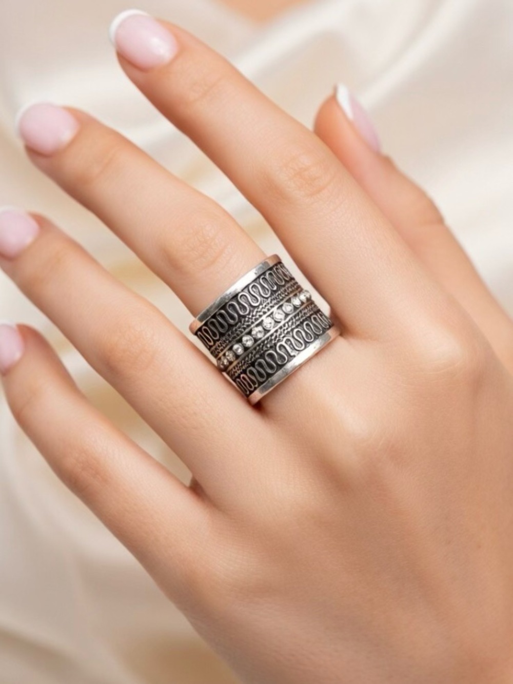 Silver Cigar Band Stainless Steel Crystal Ring